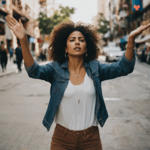Una mujer chilena con expresión de sorpresa y enojo en un entorno urbano, reflejando una explosión de emociones.