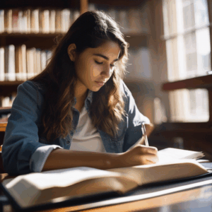 Una joven estudiante chilena, con expresión de calma y concentración, respira profundamente mientras revisa sus apuntes en una biblioteca iluminada por luz natural.  Se aprecia un ligero toque de satisfacción en su rostro.