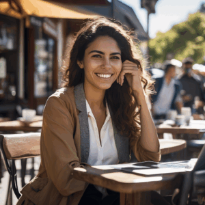Mujer chilena sonriendo con determinación mientras revisa su computador portátil en un café soleado, tras haber recibido una noticia inesperada sobre su trabajo.