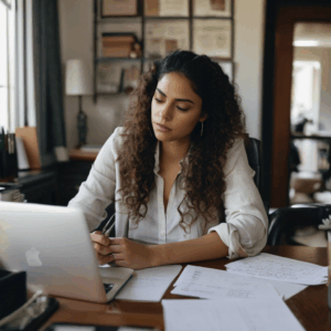 Mujer chilena preparándose para una entrevista de trabajo, mostrando nerviosismo.