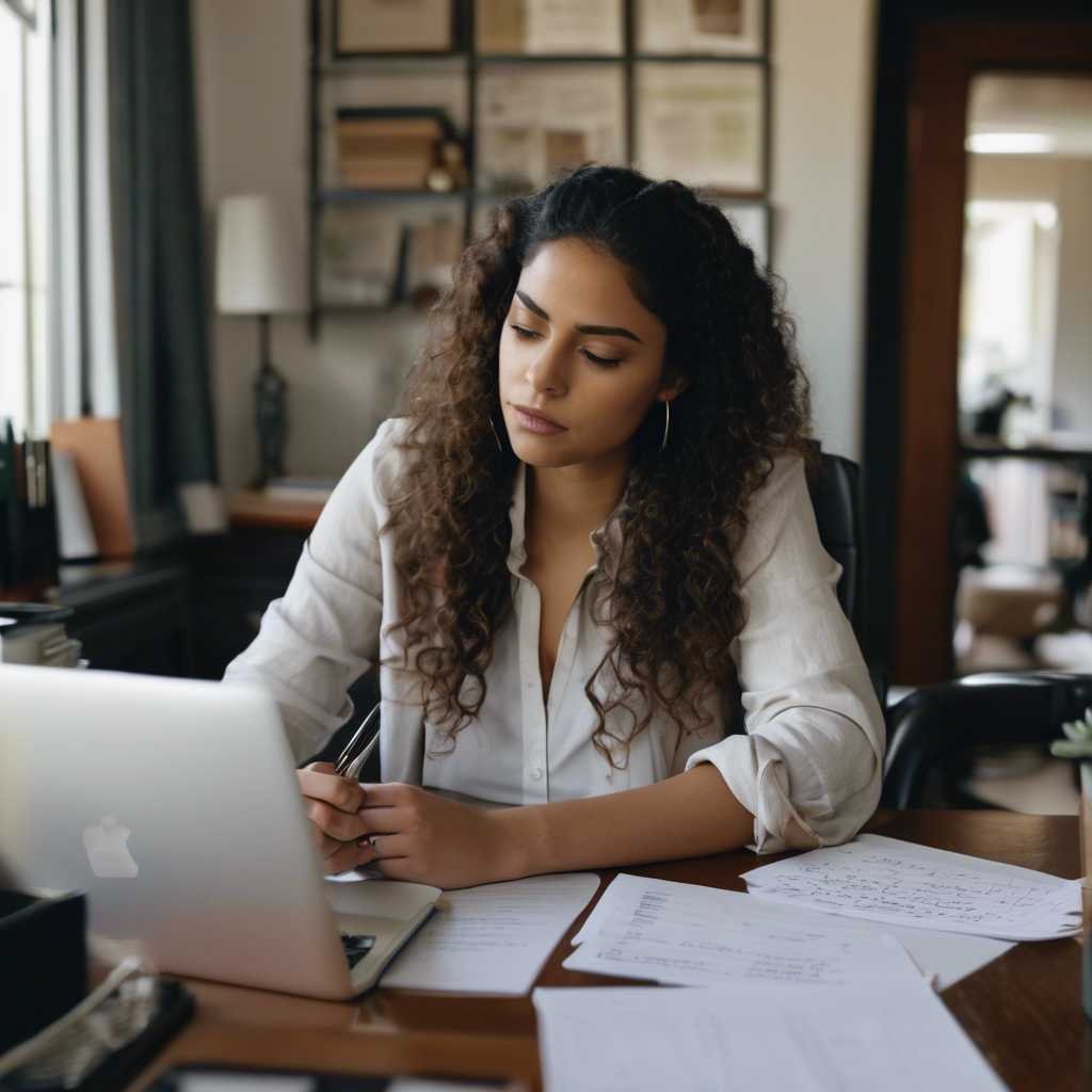 Mujer chilena preparándose para una entrevista de trabajo, mostrando nerviosismo.