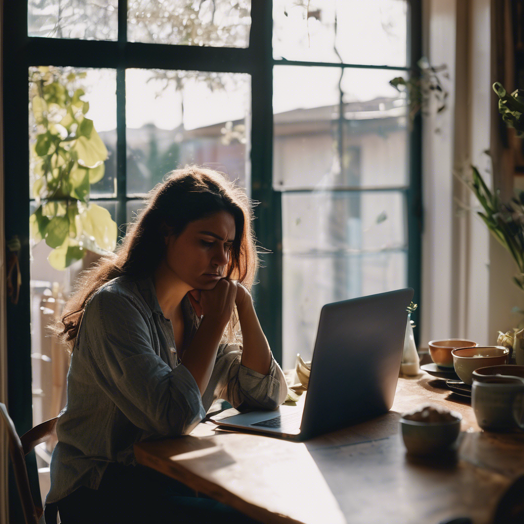 Mujer chilena revisando ofertas de trabajo en su laptop, expresando frustración.