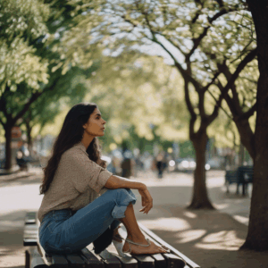 Una mujer chilena reflexionando antes de tomar una decisión importante en un parque.