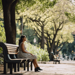 Una mujer chilena reflexionando sobre sus emociones en un parque, rodeada de naturaleza.