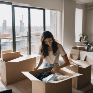 Mujer chilena sonriendo tranquilamente mientras empaca cuidadosamente una caja de recuerdos en su nuevo departamento luminoso y despejado, con una vista parcial de la ciudad al fondo.