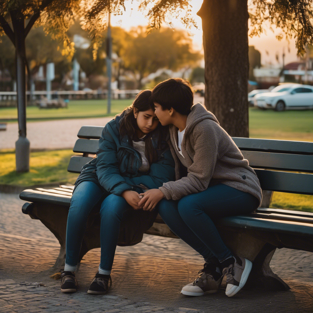 Una madre chilena abrazando a su hijo adolescente con ternura, ambos sentados en un banco de un parque, ella con una expresión serena y él con una mirada de alivio y reconciliación, luz natural del atardecer.