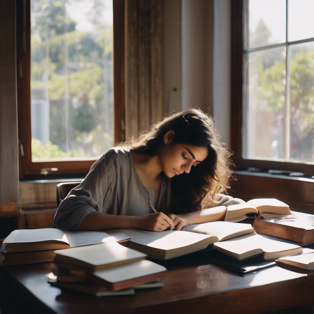 Una joven chilena, con expresión serena y tranquila, respira profundamente mientras realiza ejercicios de mindfulness con los ojos cerrados, sentada en una mesa de estudio con libros abiertos a su alrededor, bañada por la luz natural de una ventana.