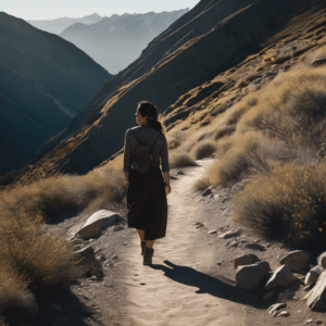 Mujer chilena con expresión serena y confiada, caminando por un sendero soleado de montaña, dejando atrás una sombra oscura que representa el acoso laboral silencioso.