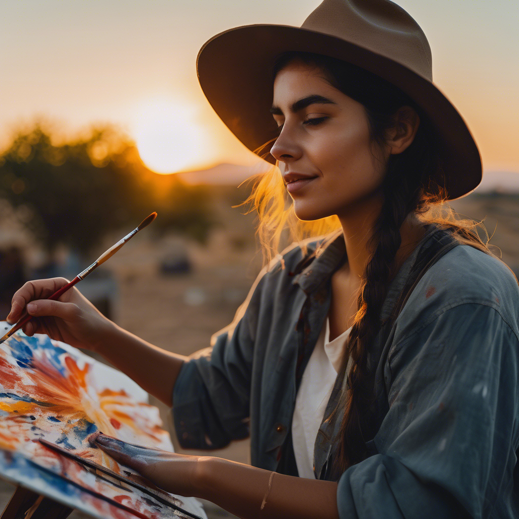 Mujer chilena joven, con expresión de alivio y una ligera sonrisa, pintando en un caballete al aire libre, con el sol poniéndose detrás de ella. Pincel en mano, pintura fresca en el lienzo.  Se percibe un sentimiento de superación tras un período de frustración.