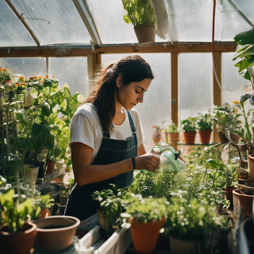 Una mujer chilena, con expresión de determinación y esperanza en sus ojos, está regando cuidadosamente unas plantas jóvenes en un pequeño invernadero casero, con luz natural entrando por los ventanales. Fondo ligeramente desenfocado.