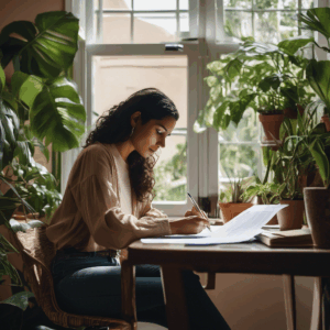 Mujer chilena revisando sus finanzas con una expresión de determinación en un entorno acogedor.