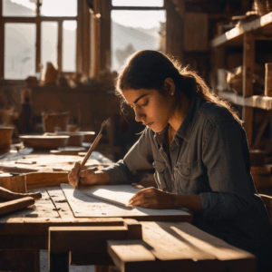 Una mujer chilena, con expresión de determinación pero cansada, mira con esperanza un boceto inacabado sobre una mesa de madera en un taller artesanal, bañado por la luz del atardecer.
