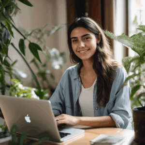 Una joven chilena, con expresión relajada y sonrisa leve, mira a la cámara después de finalizar una presentación online exitosa en su computador. El fondo está ligeramente desenfocado, mostrando una ventana con luz natural y plantas. Se respira calma y satisfacción.