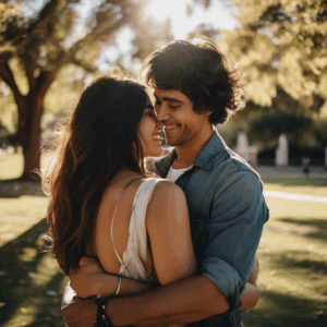 Una mujer chilena sonriente abrazando a su pareja, mostrando confianza y amor.