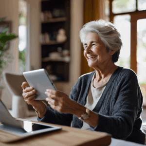 Una mujer chilena de la tercera edad, con una sonrisa tímida pero esperanzada, mira su tablet con alegría después de terminar una videollamada con amigos. Fondo desenfocado de una acogedora sala de estar.