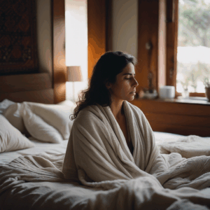 Una mujer chilena practicando técnicas de respiración en su habitación después de una discusión familiar.