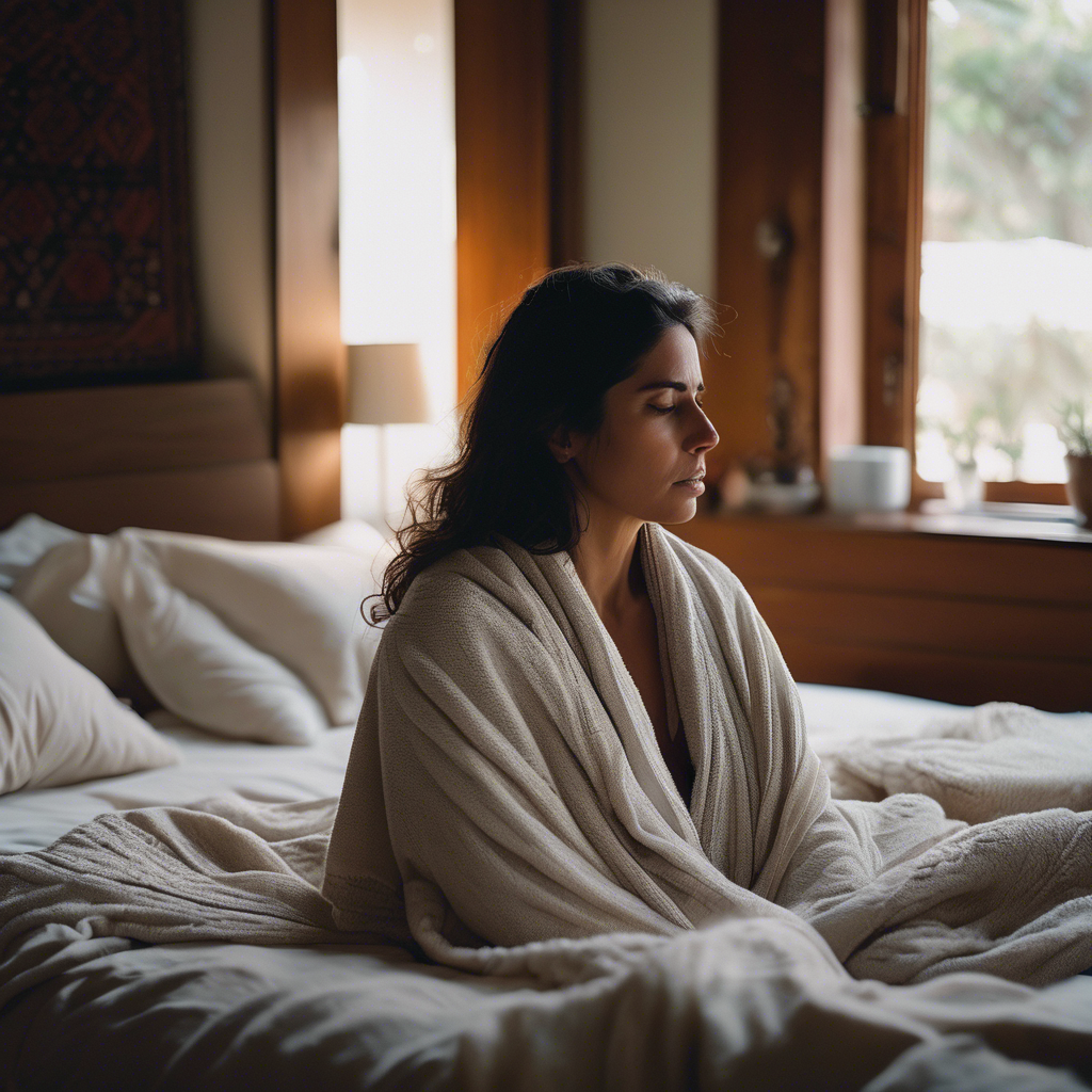 Una mujer chilena practicando técnicas de respiración en su habitación después de una discusión familiar.