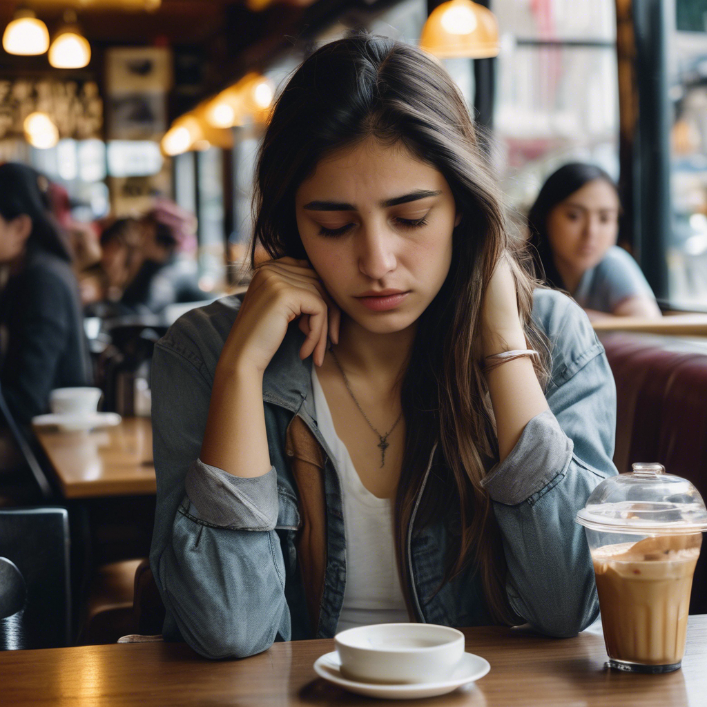 Mujer joven chilena sentada sola en un café concurrido, mirando su celular con una expresión de tristeza y vacío a su alrededor, con la gente interactuando a su alrededor sin percibirla.