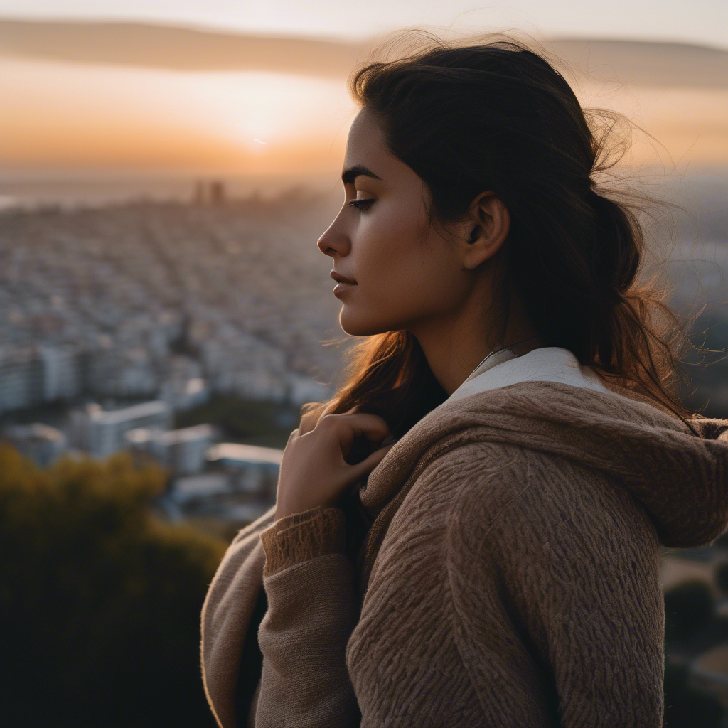 Una mujer chilena, con expresión serena y de autoaceptación, se abraza suavemente a sí misma mientras observa el atardecer desde una colina con vista a la ciudad.  La luz cálida del sol ilumina su rostro, reflejando paz interior.