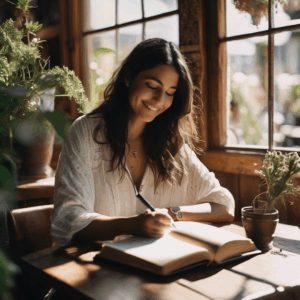 Mujer chilena sonriendo mientras escribe en un diario, reflejando superación personal.