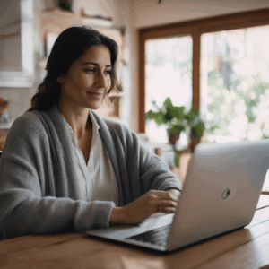 Una mujer chilena, con expresión de satisfacción y tranquilidad, cierra su computador portátil después de resistir la tentación de comprar un artículo online innecesario.  Fondo desenfocado de una casa acogedora y organizada.