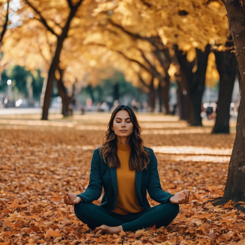 Una mujer chilena meditando en un parque mientras observa un paisaje cambiante, reflejando calma y control ante lo inesperado.