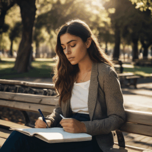 Mujer chilena joven, sentada en un parque soleado, mirando hacia arriba con una expresión de contemplación y tranquilidad, tras haber escrito en un cuaderno sus objetivos personales.