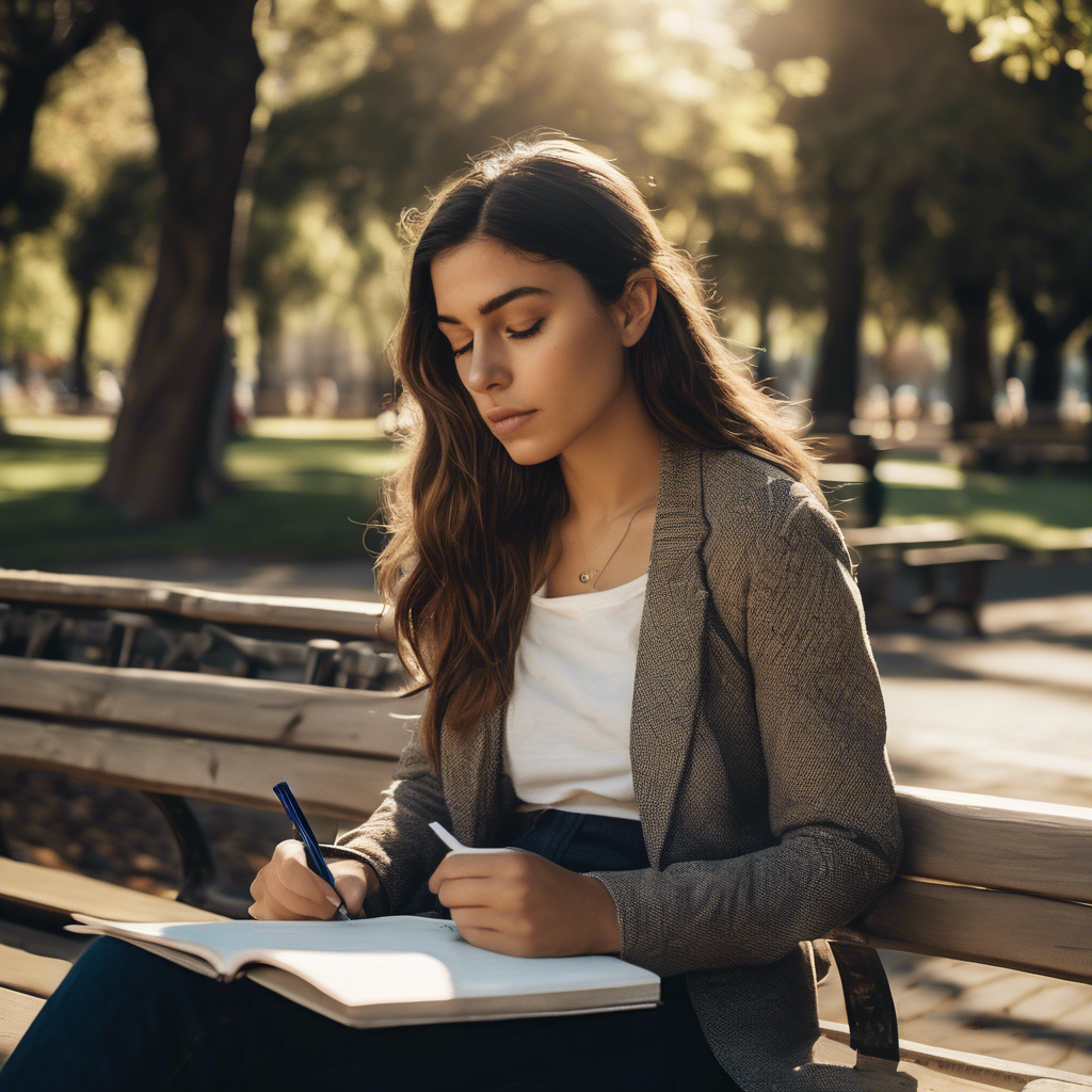 Mujer chilena joven, sentada en un parque soleado, mirando hacia arriba con una expresión de contemplación y tranquilidad, tras haber escrito en un cuaderno sus objetivos personales.