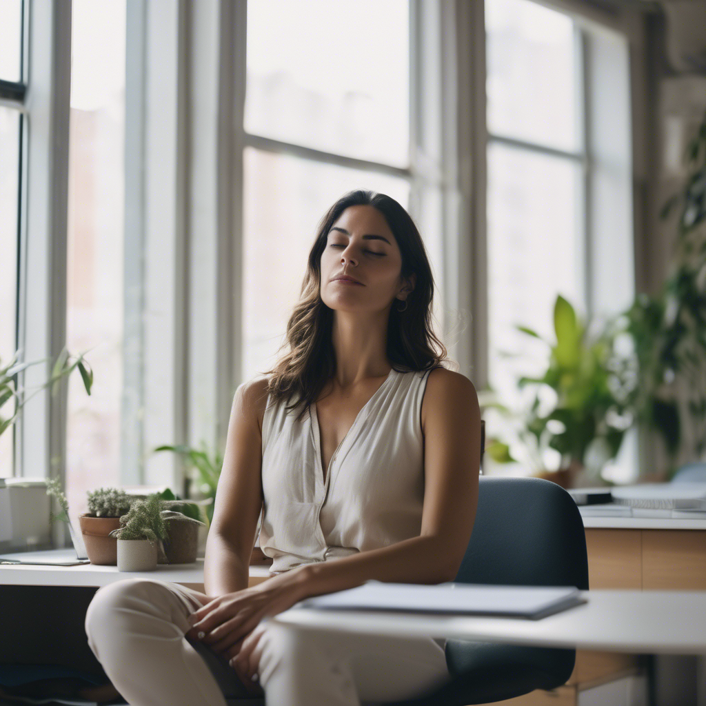 Una mujer chilena en una oficina, tomando un descanso para meditar y respirar profundamente, mostrando alivio y tranquilidad.
