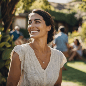 Una mujer chilena sonríe con determinación mientras conversa tranquilamente con su familia en una reunión familiar, en un jardín soleado.  Se percibe un ambiente de respeto y comprensión.