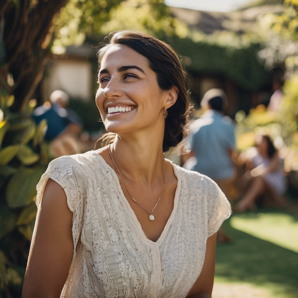 Una mujer chilena sonríe con determinación mientras conversa tranquilamente con su familia en una reunión familiar, en un jardín soleado.  Se percibe un ambiente de respeto y comprensión.