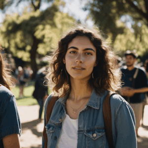 Una joven chilena, ligeramente nerviosa pero con una sonrisa tímida, participa en una conversación animada con un nuevo grupo de amigos en un parque soleado. Se siente un poco incómoda, pero también emocionada por conectar con ellos.