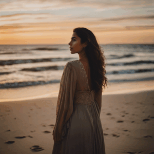 Mujer chilena sonriendo mientras mira al horizonte, simbolizando la superación personal tras un fracaso amoroso.