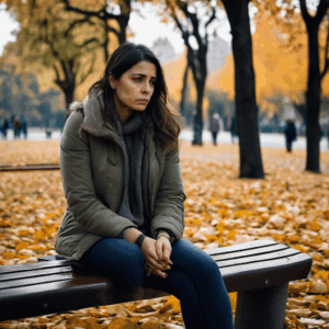 Una mujer chilena adulta, con expresión de tristeza profunda y mirada perdida, sentada sola en un banco de un parque desolado en otoño, con hojas secas a sus pies, mostrando una sensación de fragilidad y desánimo.