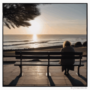 Mujer chilena de mediana edad sentada en un banco de parque, mirando al mar al atardecer.  Su expresión es de introspección tranquila, pero con un atisbo de esperanza en sus ojos.  El ambiente es sereno y melancólico, pero con una sensación de posible renovación.