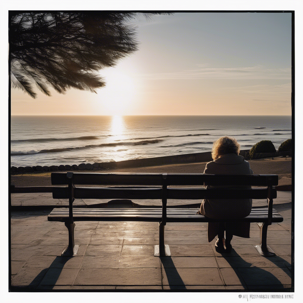 Mujer chilena de mediana edad sentada en un banco de parque, mirando al mar al atardecer.  Su expresión es de introspección tranquila, pero con un atisbo de esperanza en sus ojos.  El ambiente es sereno y melancólico, pero con una sensación de posible renovación.