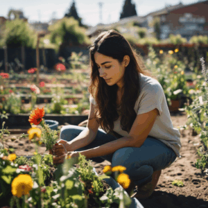 Una joven chilena, con expresión serena y segura, planta una flor en un jardín comunitario soleado.  Se percibe un sentimiento de paz y autoafirmación.