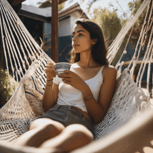 Una mujer chilena joven, sentada en una hamaca en un patio soleado, con una taza de té en la mano, mirando el cielo con una expresión de calma y aceptación.  Su expresión corporal transmite relajación y autocompasión.