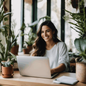 Mujer chilena sonriendo con confianza, mirando a la cámara desde su computador portátil en casa, rodeada de plantas y luz natural.  Expresa seguridad y autenticidad.