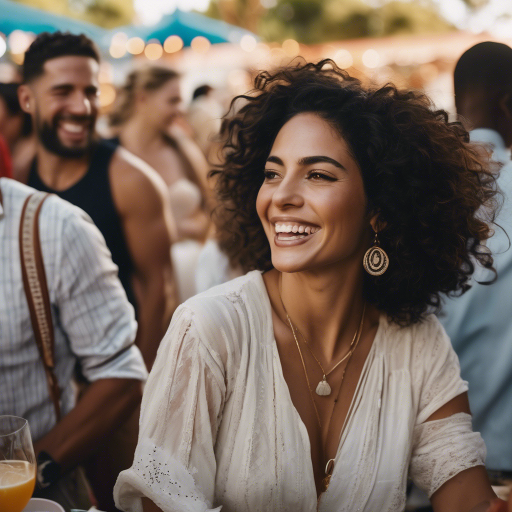 Una mujer chilena sonriente interactuando en un evento social.
