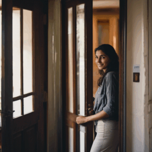 Una mujer chilena, con expresión serena y segura, sonríe levemente mientras cierra suavemente una puerta, dejando atrás una habitación con gente desenfocada. Luz natural ilumina la escena, transmitiendo paz y determinación.