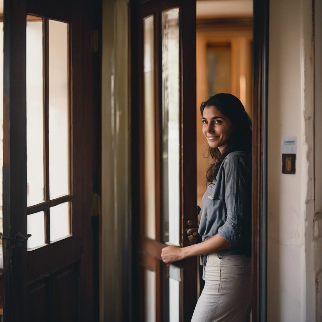Una mujer chilena, con expresión serena y segura, sonríe levemente mientras cierra suavemente una puerta, dejando atrás una habitación con gente desenfocada. Luz natural ilumina la escena, transmitiendo paz y determinación.