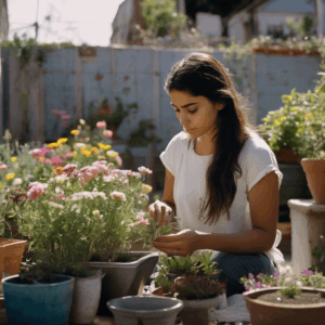 Una mujer chilena adulta joven, con rasgos mestizos, riega con cuidado las flores plantadas en una pequeña jardinera donde se ve una pequeña placa con el nombre de su mascota.  Sus ojos reflejan una mezcla de tristeza y esperanza, mostrando un gesto de paz y aceptación.
