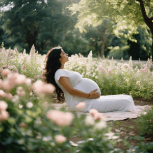 Mujer embarazada practicando técnicas de respiración en un entorno natural.