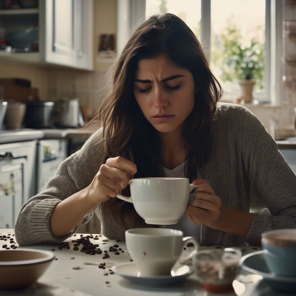 Una mujer chilena joven, con expresión de profunda fatiga y frustración, intenta levantar una taza de café de una mesa desordenada.  El ambiente es una cocina hogareña, con luz natural y tenue, mostrando un ligero desorden que refleja su estado interno.