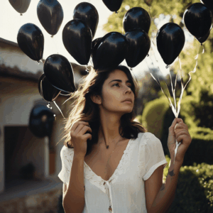 Una mujer chilena adulta joven, con expresión serena y alivio visible en su rostro, libera un grupo de globos oscuros que representan pensamientos y emociones reprimidas, en un jardín soleado.  El fondo está ligeramente desenfocado, mostrando un ambiente tranquilo y natural.