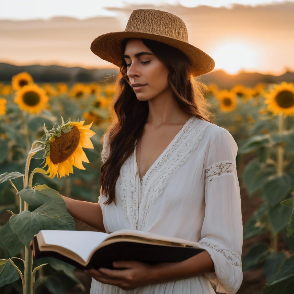 Una mujer chilena, con expresión serena y confiada, observa un campo de girasoles al atardecer. Sus manos sostienen un diario abierto, reflejando un cambio positivo en su perspectiva.