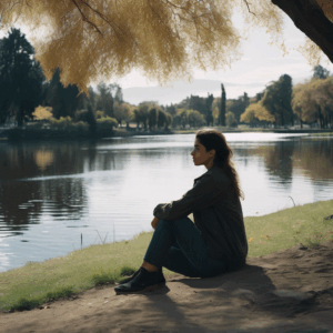 Una mujer chilena, sentada sola en un parque, con la mirada perdida en un lago.  Su postura encorvada y la expresión de su rostro reflejan tristeza y soledad, pero también un atisbo de esperanza.