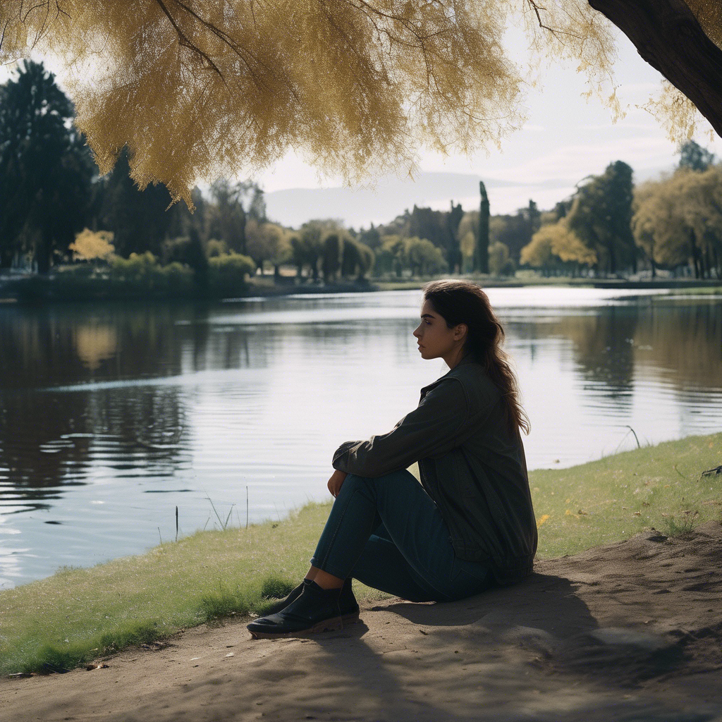 Una mujer chilena, sentada sola en un parque, con la mirada perdida en un lago.  Su postura encorvada y la expresión de su rostro reflejan tristeza y soledad, pero también un atisbo de esperanza.